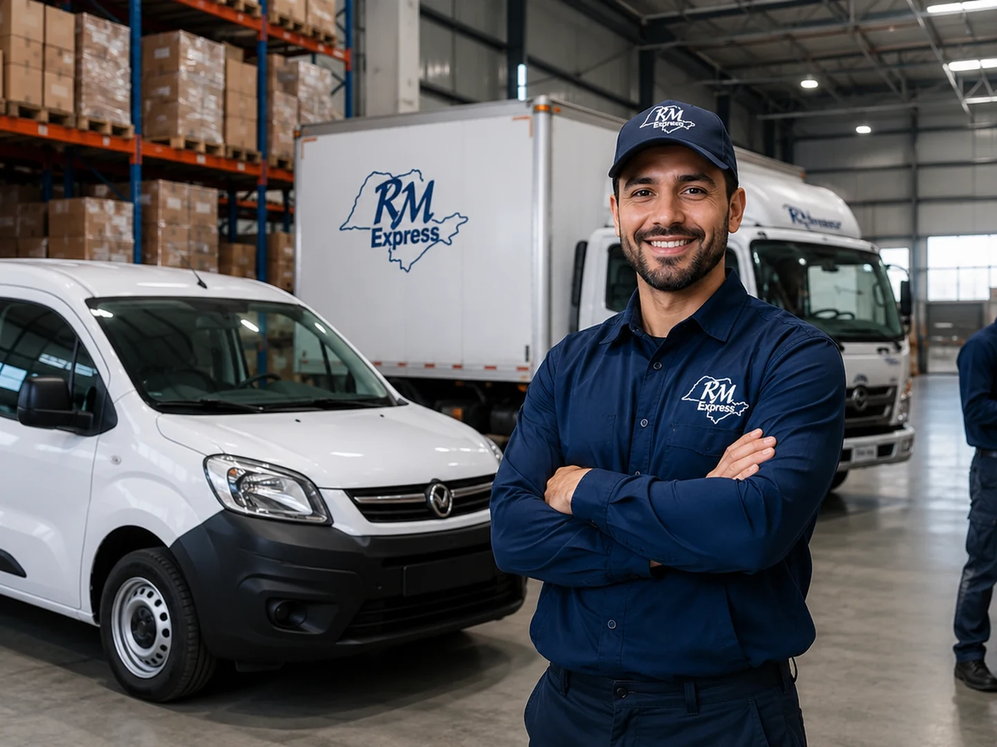 Equipe e frota da RM Express em operação logística